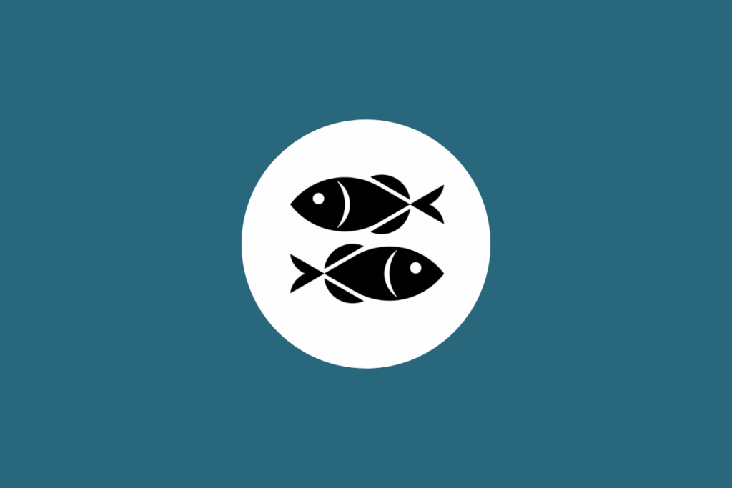 Ilustração minimalista em preto do signo de Peixes, representado por dois peixes nadando em direções opostas, dentro de um círculo branco sobre fundo azul-petróleo