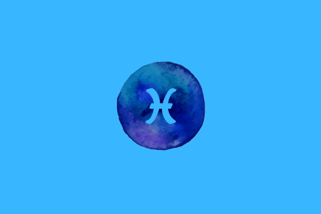 Símbolo do signo de Peixes em azul sobre um círculo azul com textura aquarelada, em um fundo azul-claro.