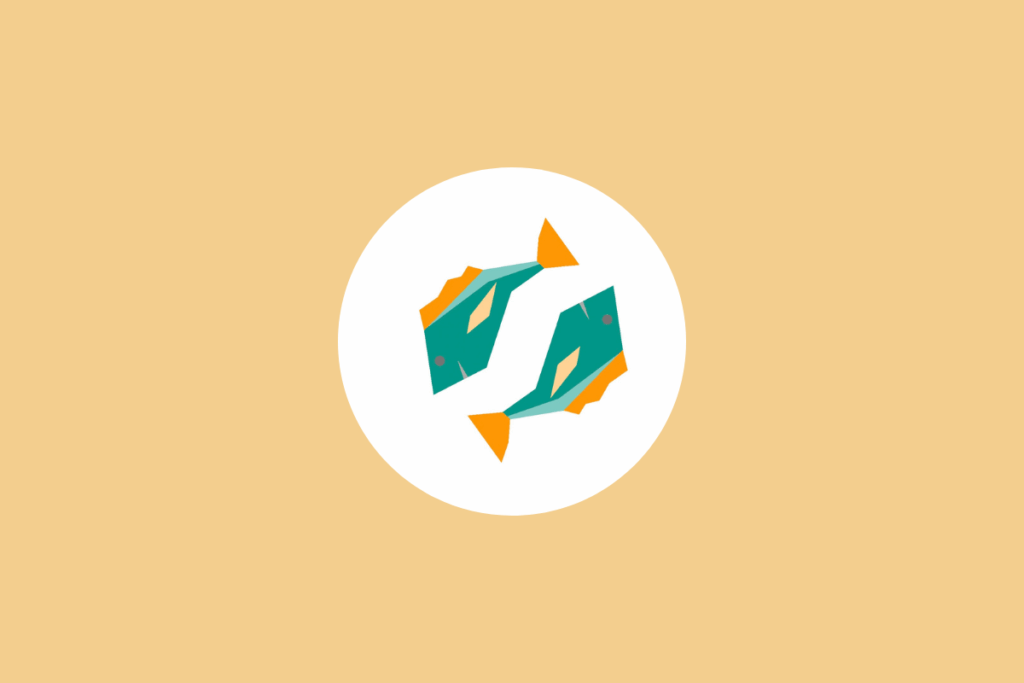Ilustração geométrica de dois peixes verde-azulados com nadadeiras laranjas nadando em formato circular dentro de um círculo branco sobre fundo bege, representando o signo de Peixes