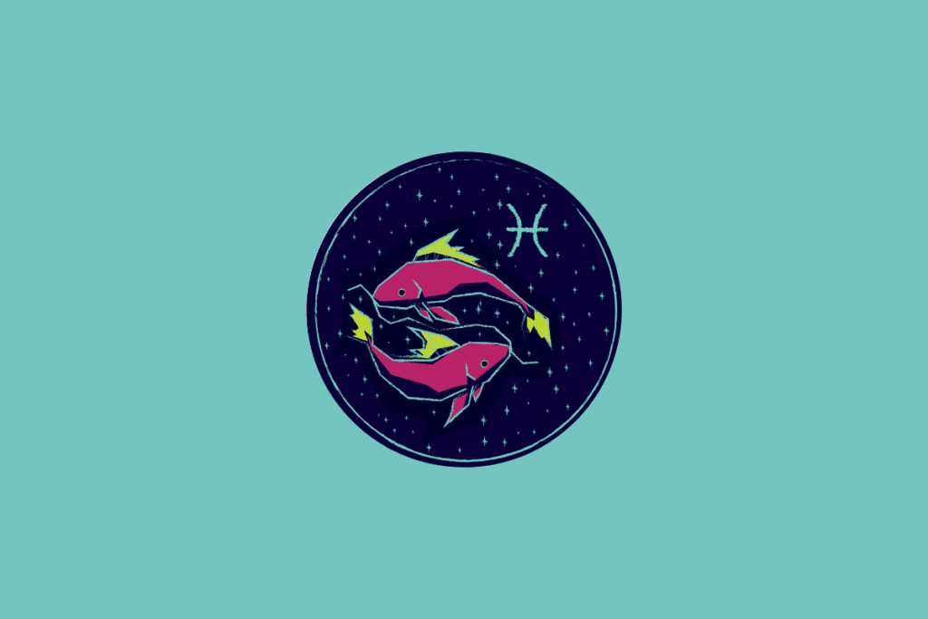 Ilustração num círculo azul-escuro estrelado sobre fundo azul-turquesa, representando Peixes através de dois peixes rosa com barbatanas amarelas nadando em direções opostas e o respetivo símbolo astrológico