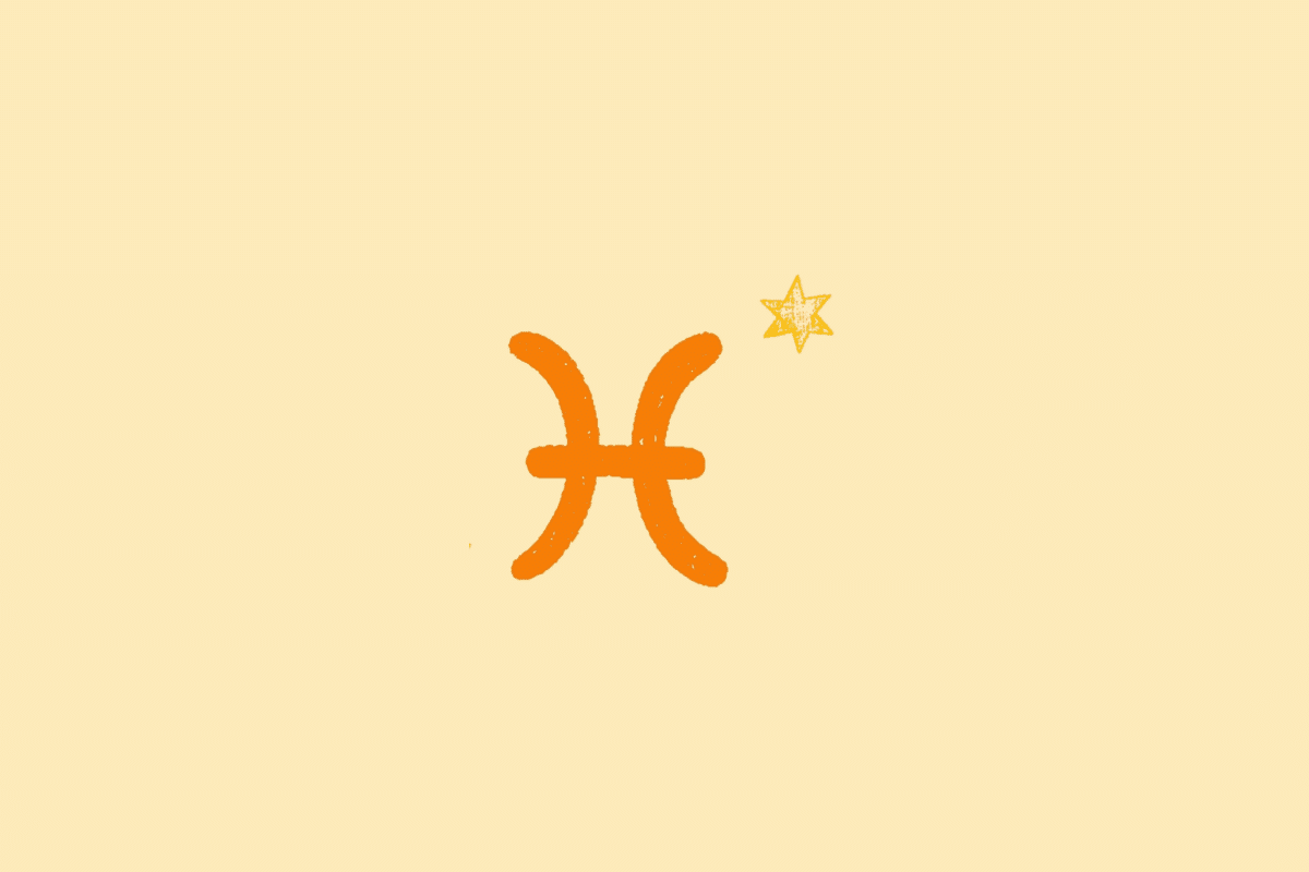 Ilustração do símbolo do signo de Peixes, representado por duas formas curvas unidas por uma linha horizontal, em laranja, acompanhado de uma pequena estrela sobre fundo bege-claro.