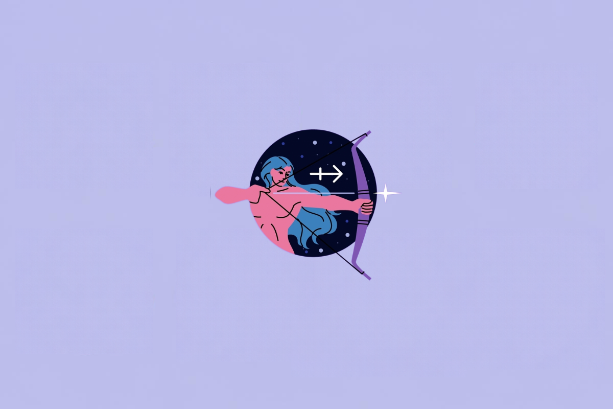 Ilustração do signo de Sagitário, representado por uma figura humana estilizada segurando um arco e apontando uma flecha para a direita. A figura tem pele rosa e cabelos azuis, e o arco é roxo. O símbolo de Sagitário aparece em branco próximo à parte superior. Ao fundo há um círculo azul-marinho com pequenos pontos claros. Em fundo roxo-claro.
