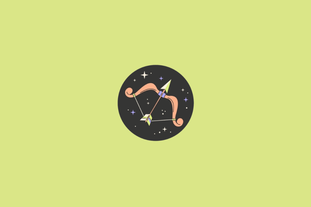 Ilustração de um arco alaranjado, com detalhes em verde-limão e lilás, atravessado por uma flecha diagonal. A flecha tem ponta verde-limão e creme, além de detalhes lilás. O conjunto representa o símbolo do signo de Sagitário. A imagem está dentro de um círculo preto com pequenas estrelas coloridas. Em fundo verde-claro.