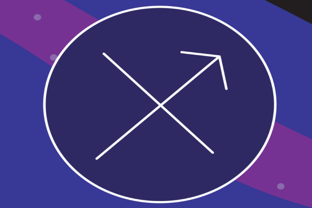 Ilustração do símbolo de Áries em linhas brancas, centralizado dentro de um grande círculo azul-escuro. O fundo combina formas abstratas em azul, roxo e preto, com pequenos pontos lilás.