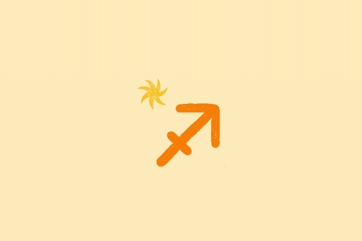 Ilustração do símbolo do signo de Sagitário, representado por uma seta apontada para o alto, na cor laranja, acompanhada de um elemento em formato de estrela sobre fundo bege-claro.