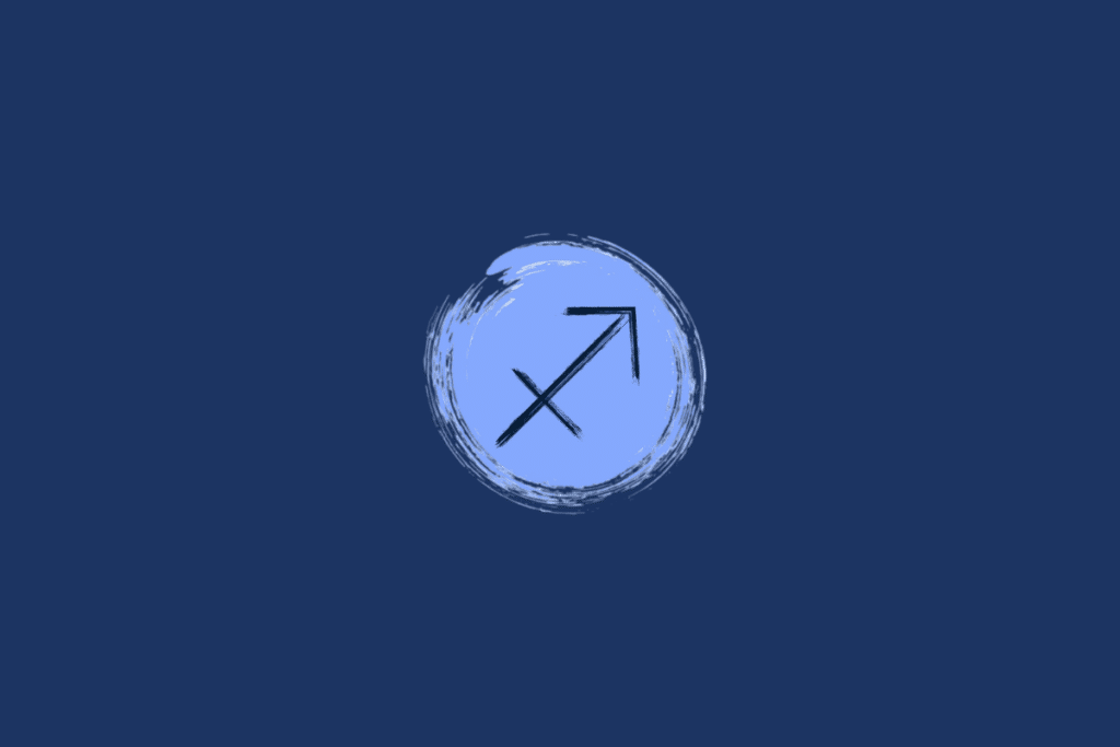 Ilustração do símbolo do signo de Sagitário, representado por uma seta diagonal apontada para o alto, em preto, dentro de um círculo azul-claro sobre fundo azul-marinho.