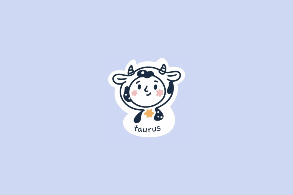 Ilustração infantil de uma criança com chifres e orelhas de touro, cabelos escuros e flores decorativas, representando o signo de Touro sobre fundo roxo-claro.