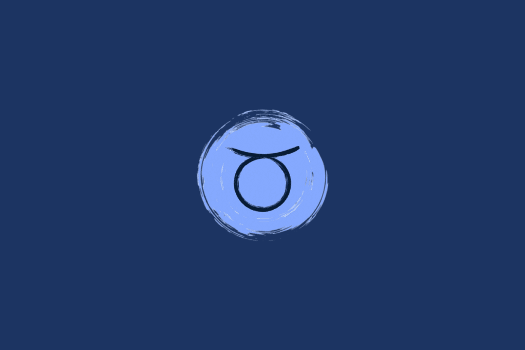 Ilustração do símbolo do signo de Touro, formado por um círculo com uma linha curva acima, semelhante aos chifres de um touro, em preto, dentro de um círculo azul-claro sobre fundo azul-marinho.