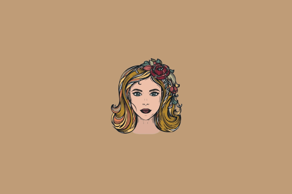 Ilustração do símbolo do signo de Virgem, representado pelo rosto de uma mulher com cabelos loiros e uma coroa de flores, em estilo artístico e colorido sobre fundo bege.