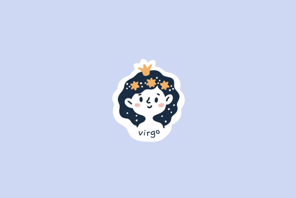Ilustração infantil de uma criança com cabelos escuros, uma pequena coroa dourada e flores amarelas, representando o signo de Virgem sobre fundo roxo-claro.