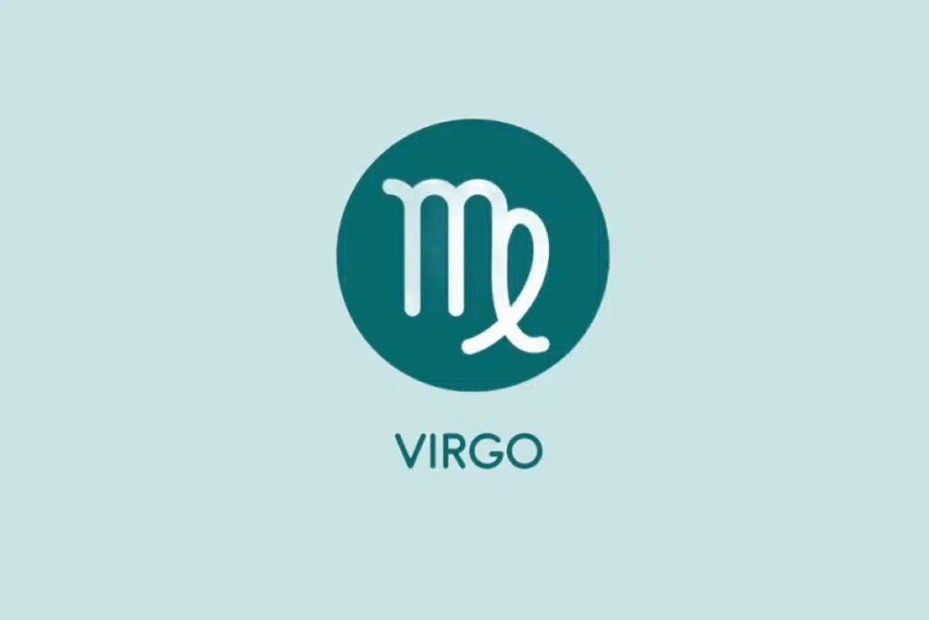Imagem com fundo verde-água-claro, apresentando um círculo verde-escuro no centro. Dentro dele, aparece o símbolo astrológico do signo de Virgem em branco, semelhante à letra “M”, com uma extensão curva que forma uma volta na extremidade direita. Abaixo do círculo, está escrita a palavra “VIRGO”.