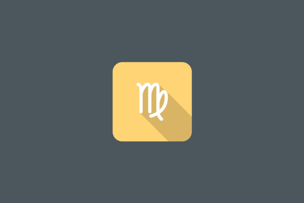 Símbolo de Virgem formado por três hastes brancas verticais e curvas, sendo a última prolongada por uma curva na parte inferior direita. O símbolo está dentro de um quadrado amarelo-dourado claro com cantos arredondados, sobre um fundo cinza-escuro. O desenho projeta uma sombra longa em amarelo-ocre para a parte inferior direita.