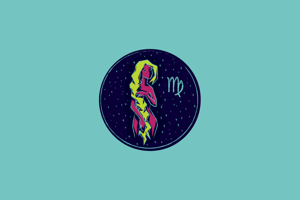 Ilustração num círculo azul-escuro estrelado sobre fundo azul-turquesa, representando Virgem através da figura de uma mulher rosa com longos cabelos amarelos e o respetivo símbolo astrológico