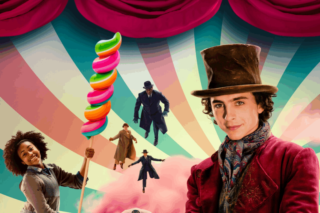 Imagem do filme Wonka: o jovem Willy Wonka, de cartola marrom e casaco vinho, sorri diante de um fundo circense listrado. Ao lado, uma menina sorridente segura um pirulito gigante em espiral, e três homens de sobretudo flutuam entre nuvens cor-de-rosa.